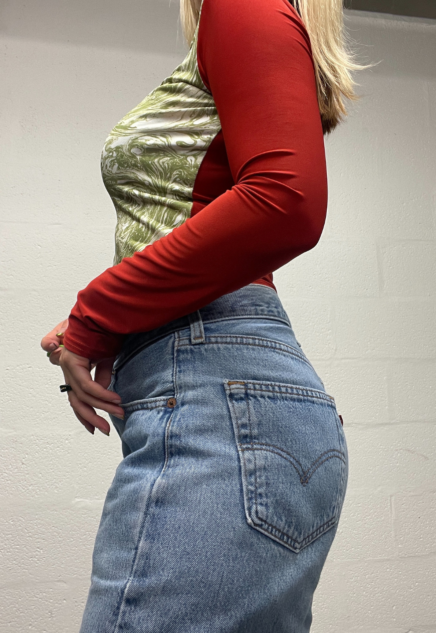 ORANGE/GREEN SWIRL SLEEVED TOP - XL HISSY FIT LTD