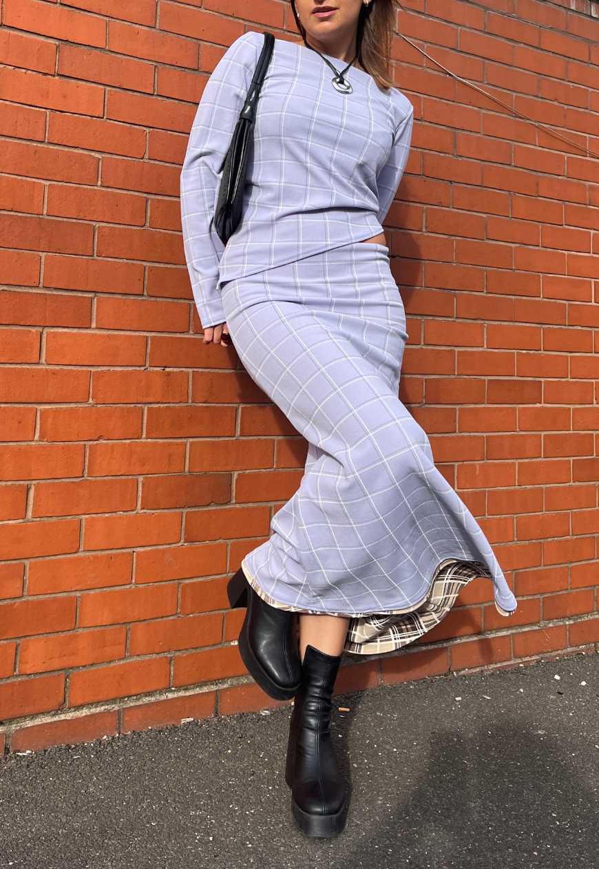 BLUE CHECK/CREAM TARTAN REVERSIBLE MID-RISE SKIRT - 2XS HISSY FIT LTD