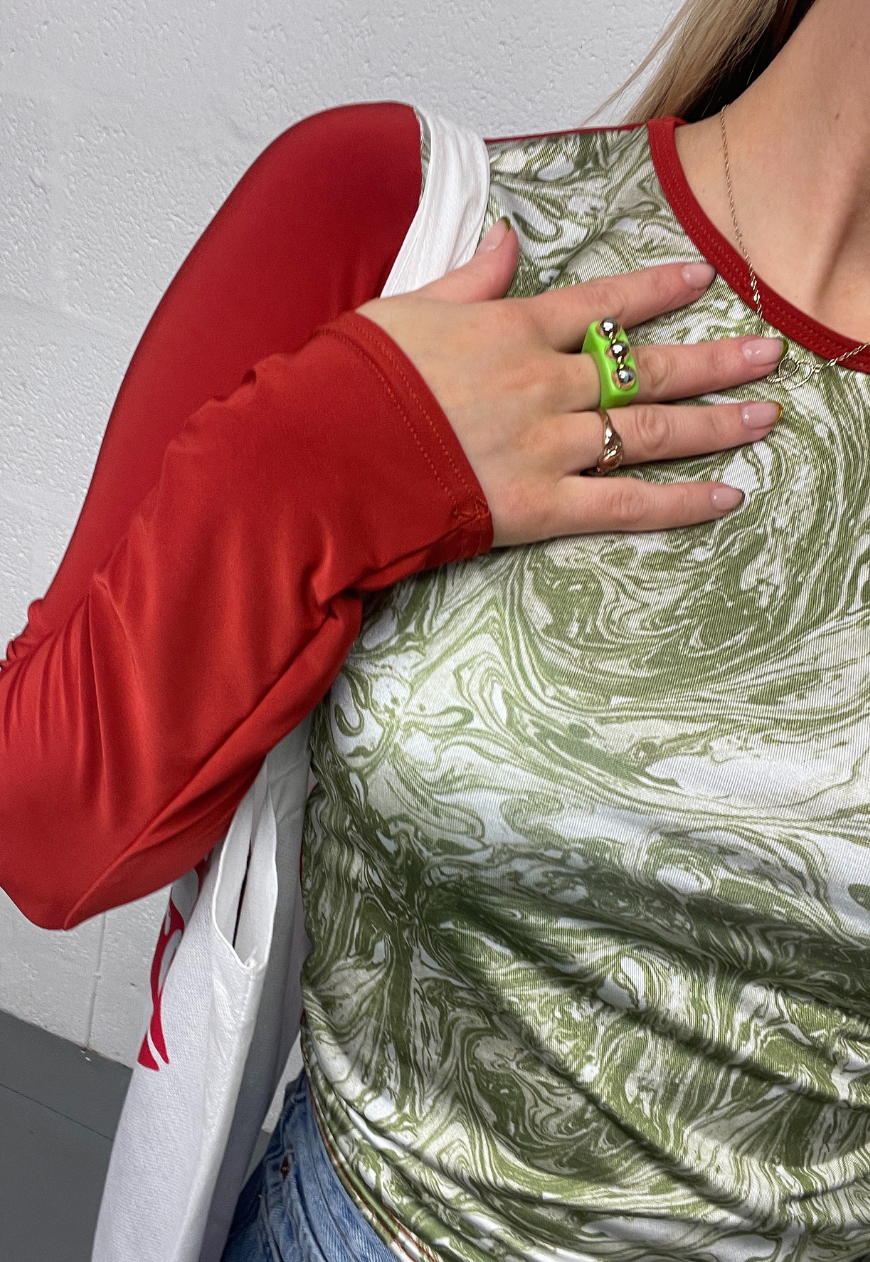 ORANGE/GREEN SWIRL SLEEVED TOP - XL HISSY FIT LTD