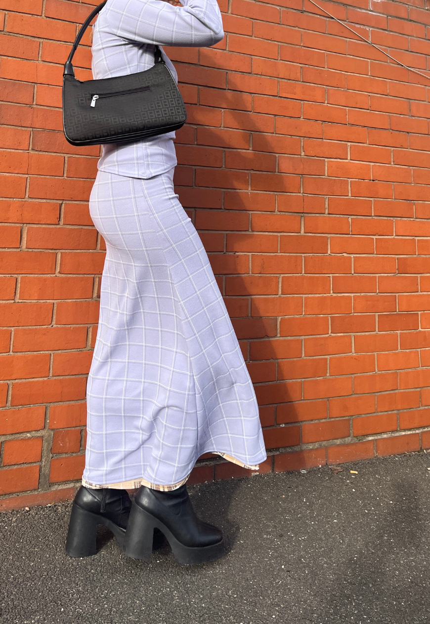 BLUE CHECK/CREAM TARTAN REVERSIBLE MID-RISE SKIRT - 2XS HISSY FIT LTD