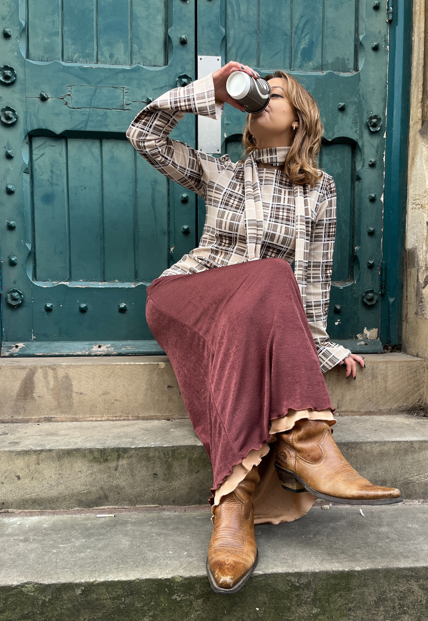 MAPLE/HAZELNUT REVERSIBLE MAXI SKIRT - 2XS HISSY FIT LTD