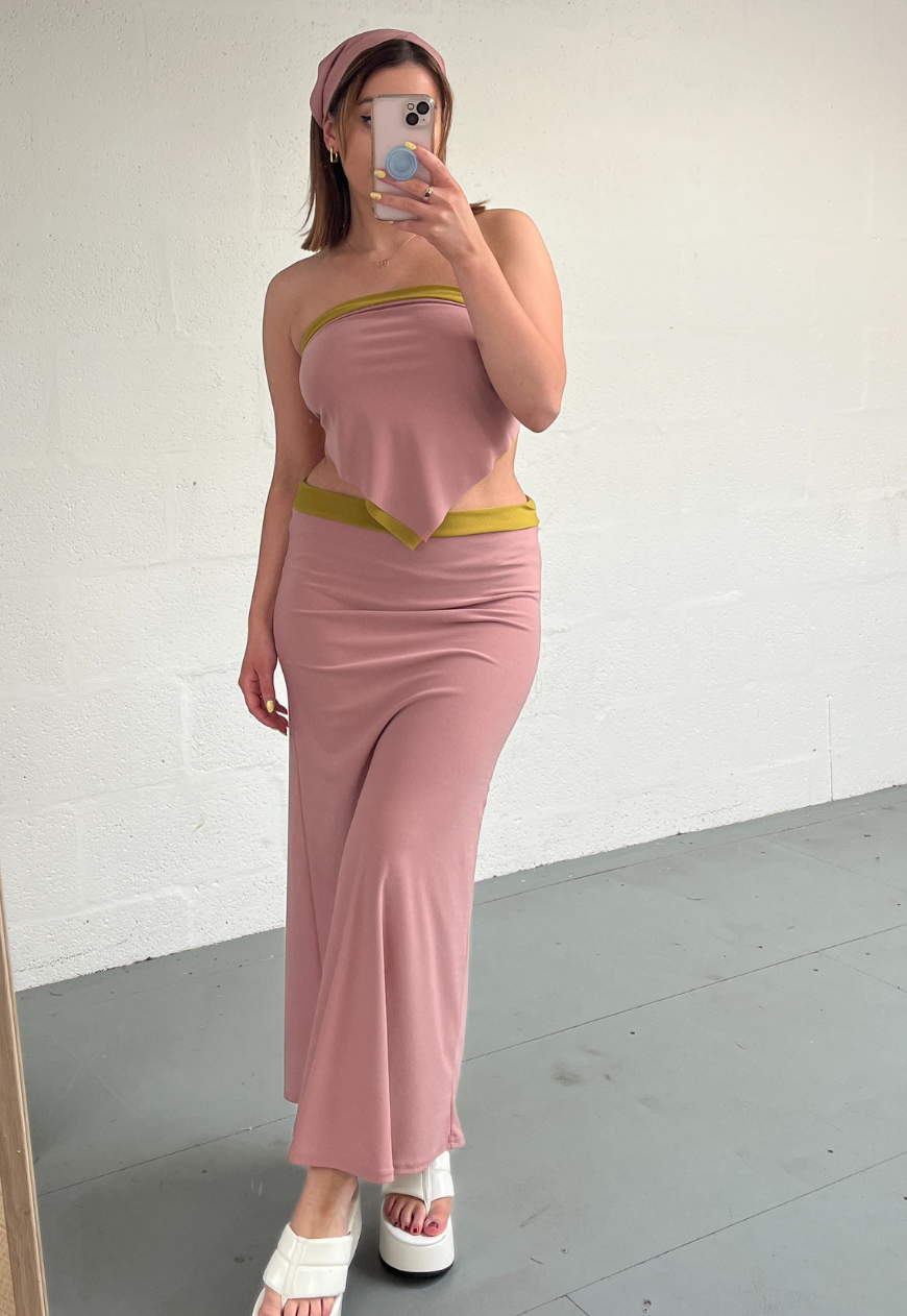 DUSKY PINK/MUSTARD REVERSIBLE MID-RISE MAXI SKIRT - 2XS HISSY FIT LTD