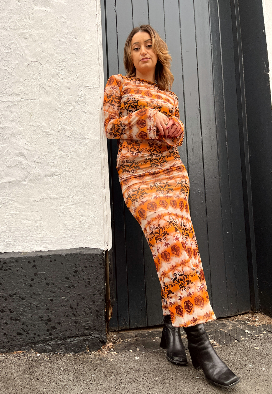 ORANGE GRUNGE SLASH NECK ASYMMETRIC FLARED TOP - 2XS HISSY FIT LTD