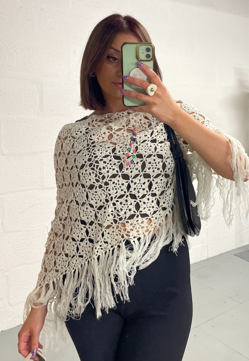 CREAM CROCHET PONCHO (A026) - HISSY FIT LTD