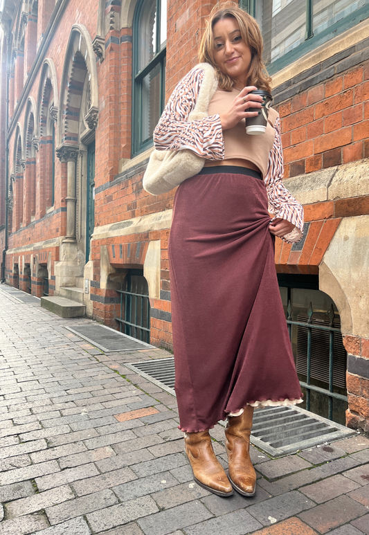 CREAM/HAZELNUT REVERSIBLE MAXI SKIRT - 2XS HISSY FIT LTD