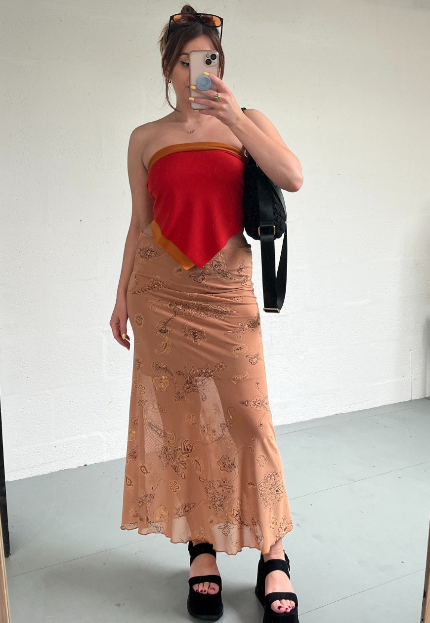 CARAMEL PAISLEY HALF LINED MESH SKIRT - S HISSY FIT LTD