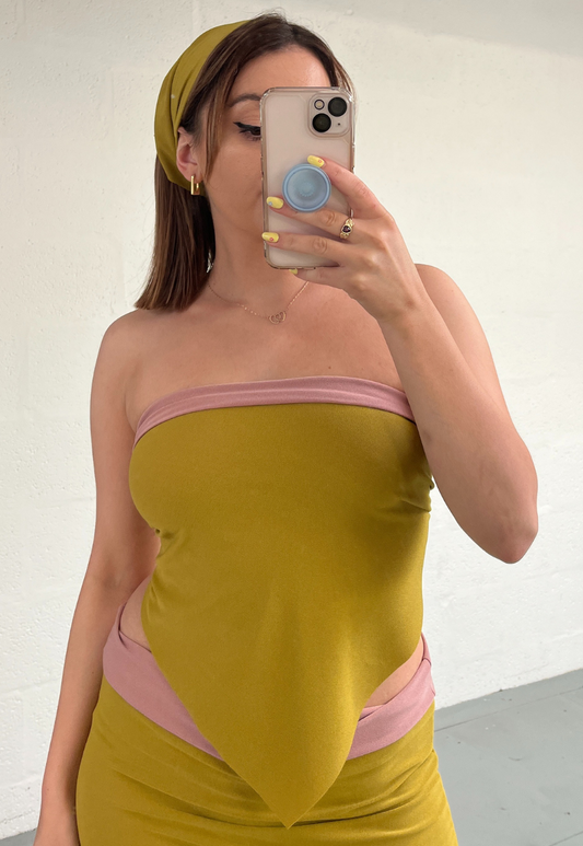 DUSKY PINK/MUSTARD REVERSIBLE HANKIE TOP - S/M HISSY FIT LTD