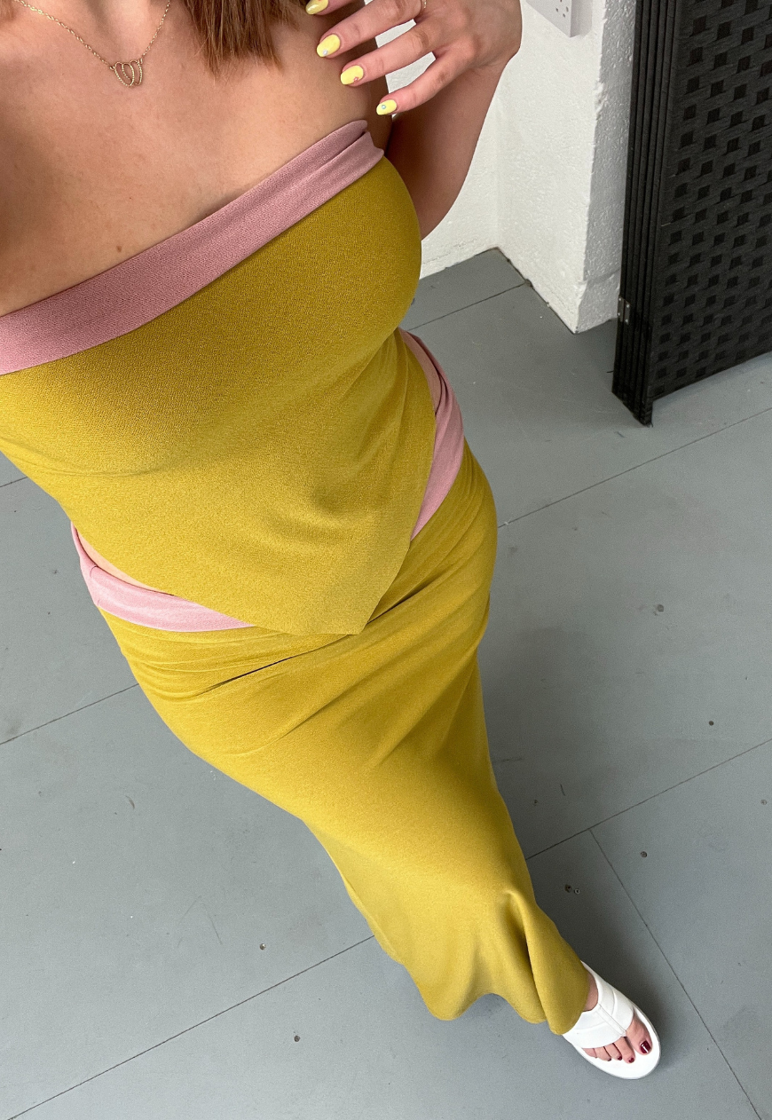 DUSKY PINK/MUSTARD REVERSIBLE MID-RISE MAXI SKIRT - 2XS HISSY FIT LTD