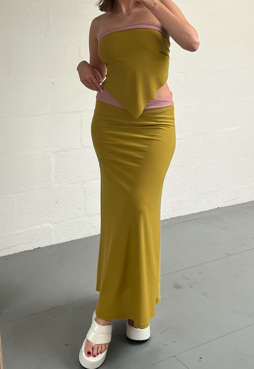 DUSKY PINK/MUSTARD REVERSIBLE MID-RISE MAXI SKIRT - 2XS HISSY FIT LTD