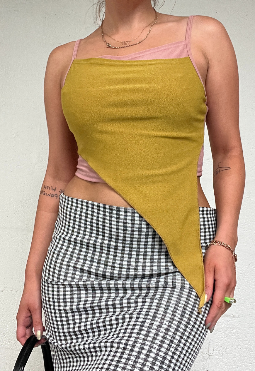 OFFCUTS DUSKY PINK/ MUSTARD ASYMMETRIC TOP (01) - S HISSY FIT LTD