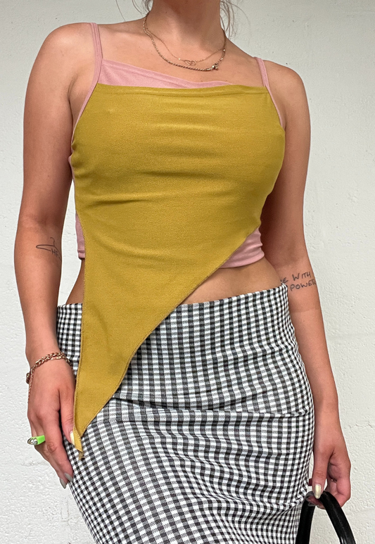 OFFCUTS DUSKY PINK/ MUSTARD ASYMMETRIC TOP (03) - S HISSY FIT LTD