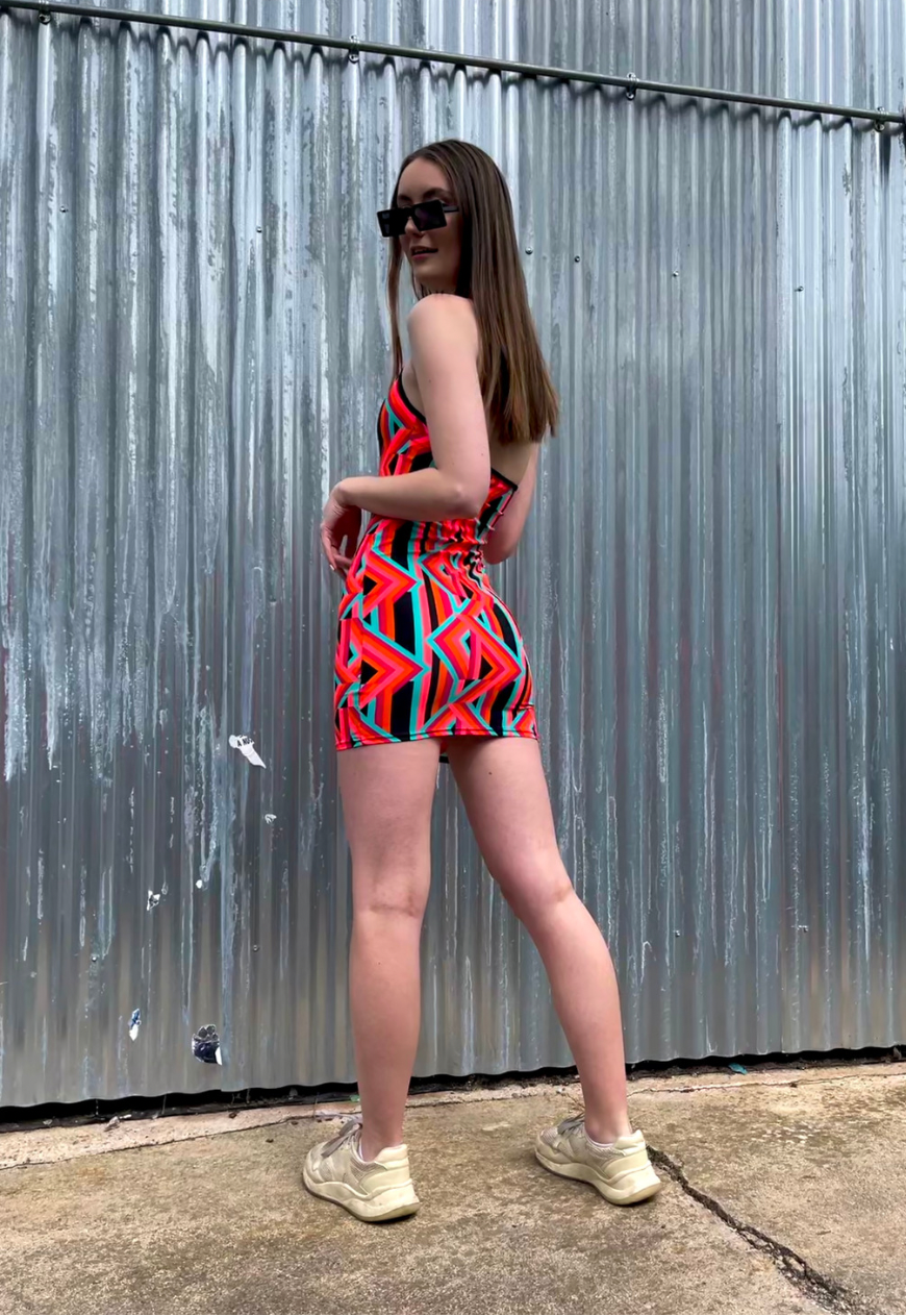 ORANGE PRINT HALTER DRESS - XS HISSY FIT LTD