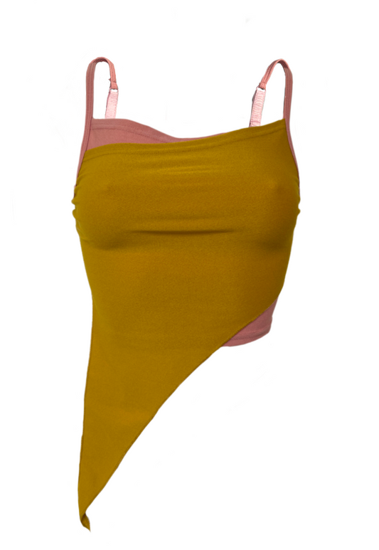 OFFCUTS DUSKY PINK/ MUSTARD ASYMMETRIC TOP (03) - S HISSY FIT LTD