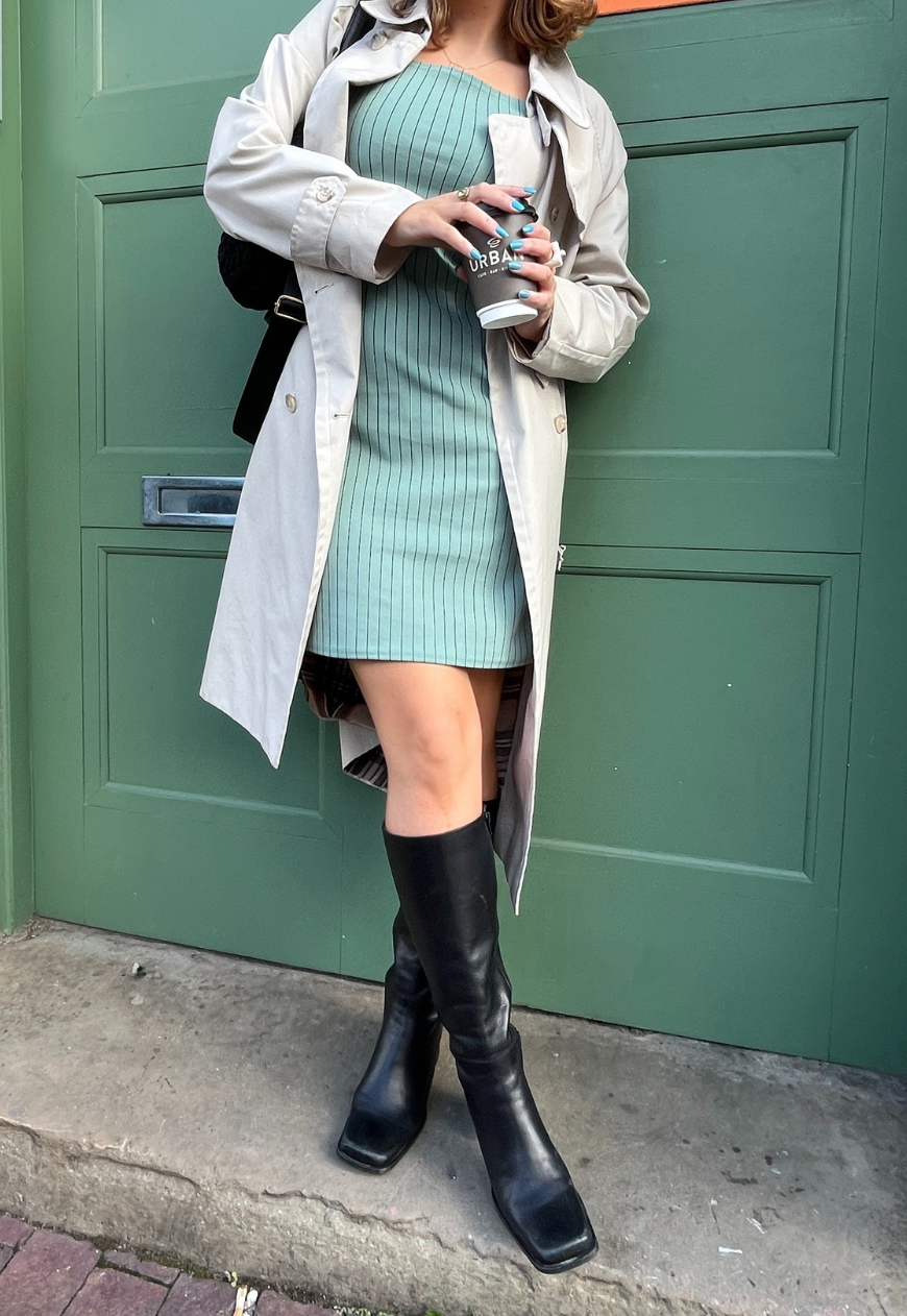 SAGE GREEN PINSTRIPE SPLIT SHORT DRESS - HISSY FIT LTD