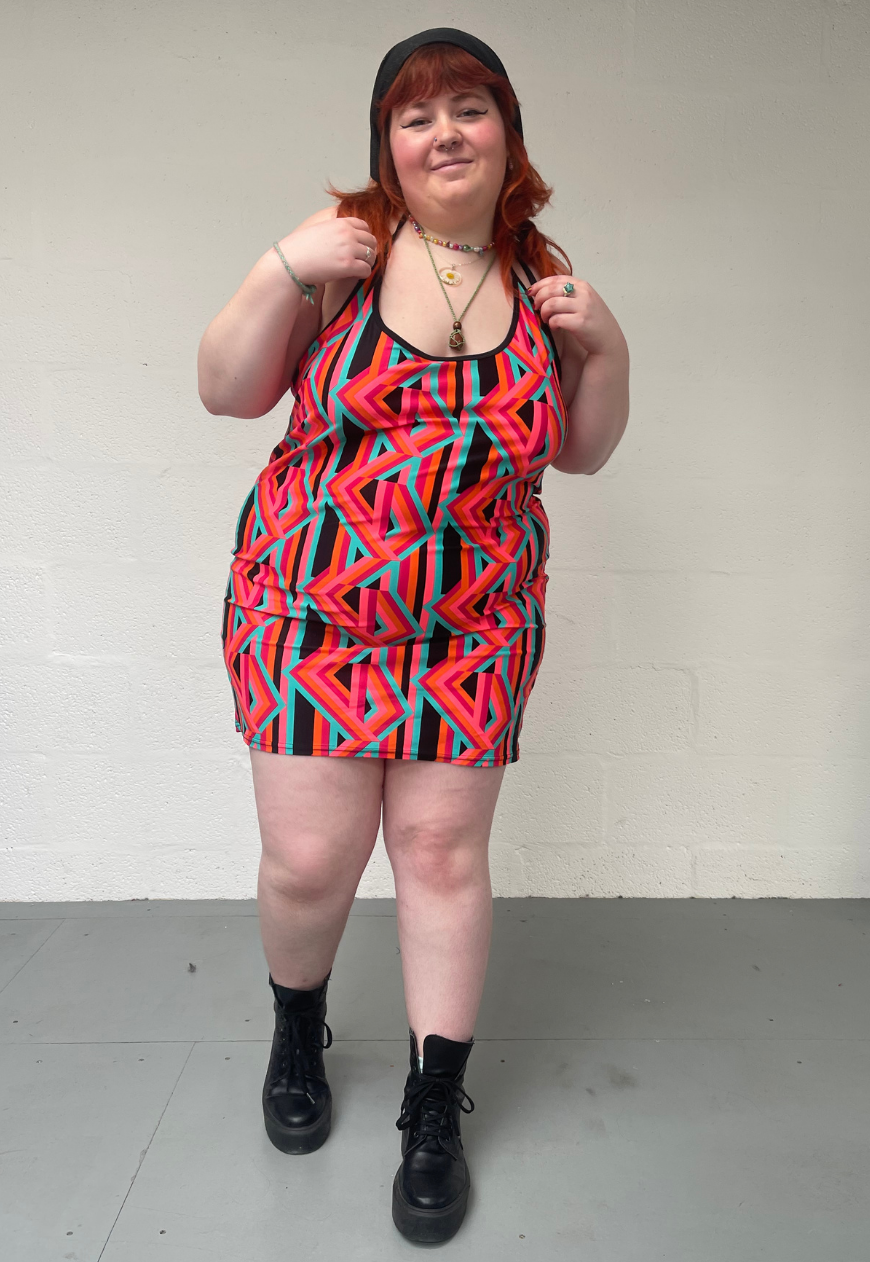 ORANGE PRINT HALTER DRESS - XS HISSY FIT LTD