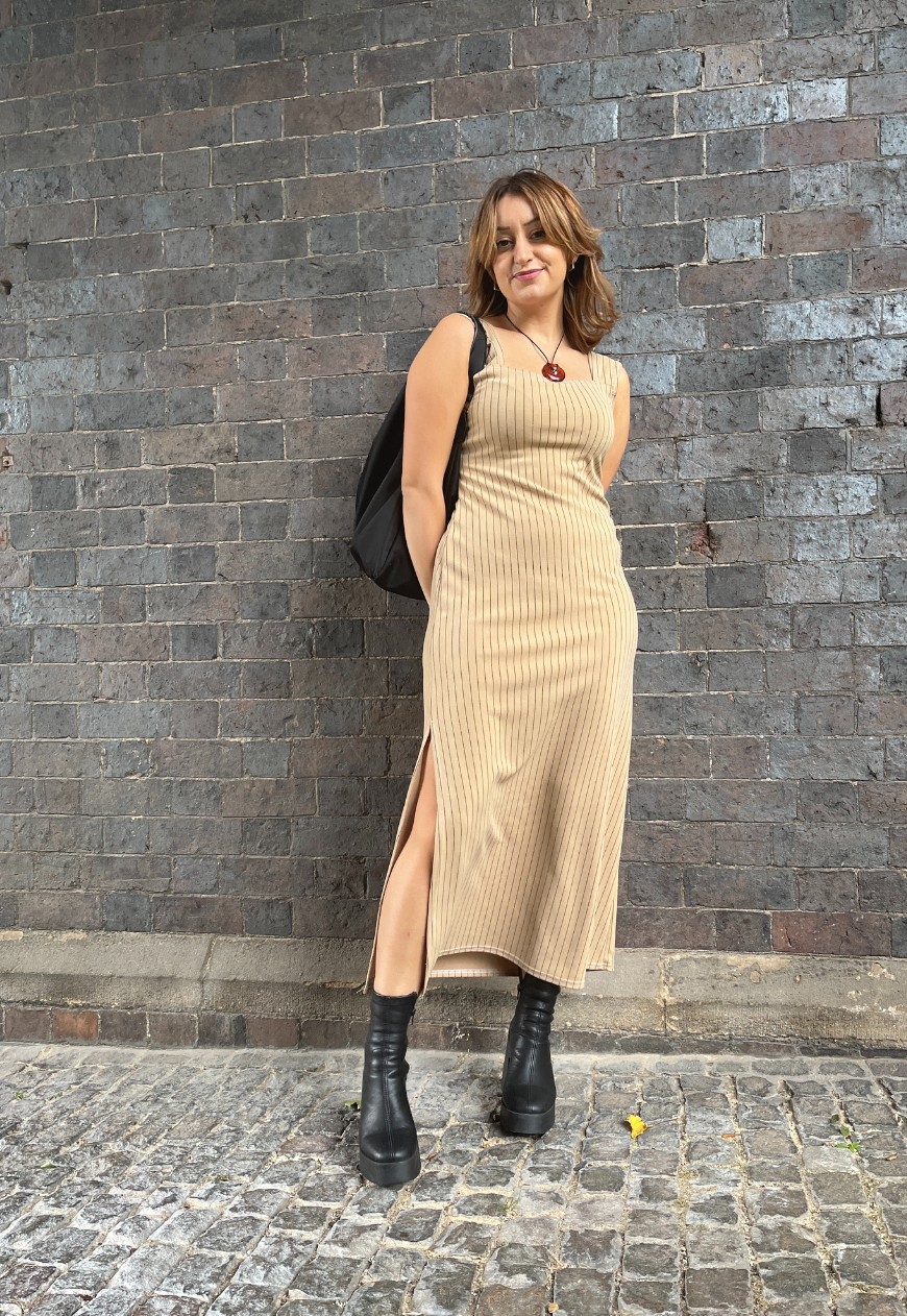 CARAMEL PINSTRIPE SPLIT LONG DRESS - HISSY FIT LTD