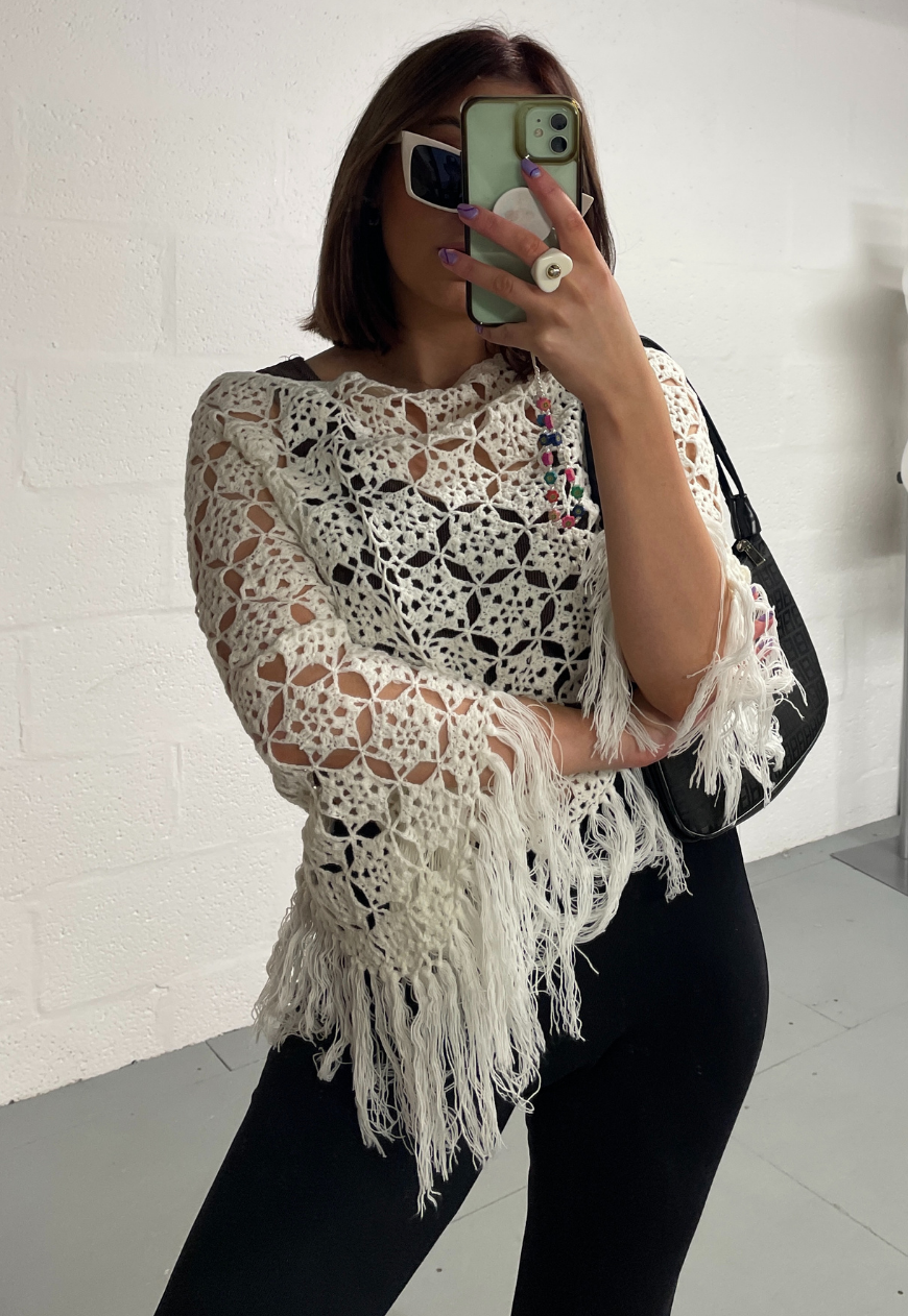 CREAM CROCHET PONCHO (A026) - HISSY FIT LTD