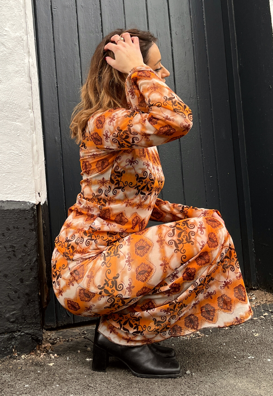 ORANGE GRUNGE SLASH NECK ASYMMETRIC FLARED TOP - 2XS HISSY FIT LTD