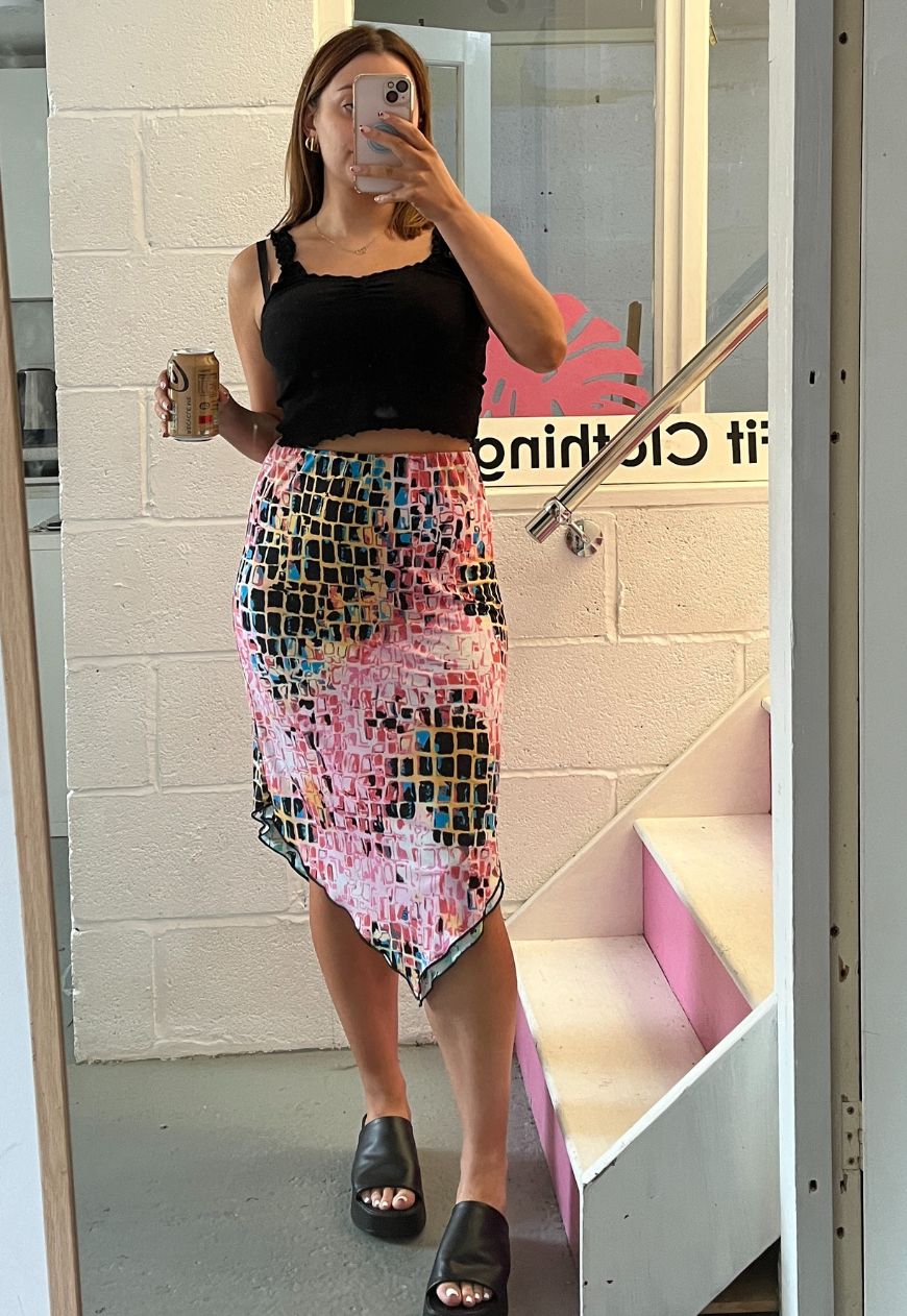 GREEN/PINK TILE REVERSIBLE POINTED HEM SKIRT - 2XS HISSY FIT LTD