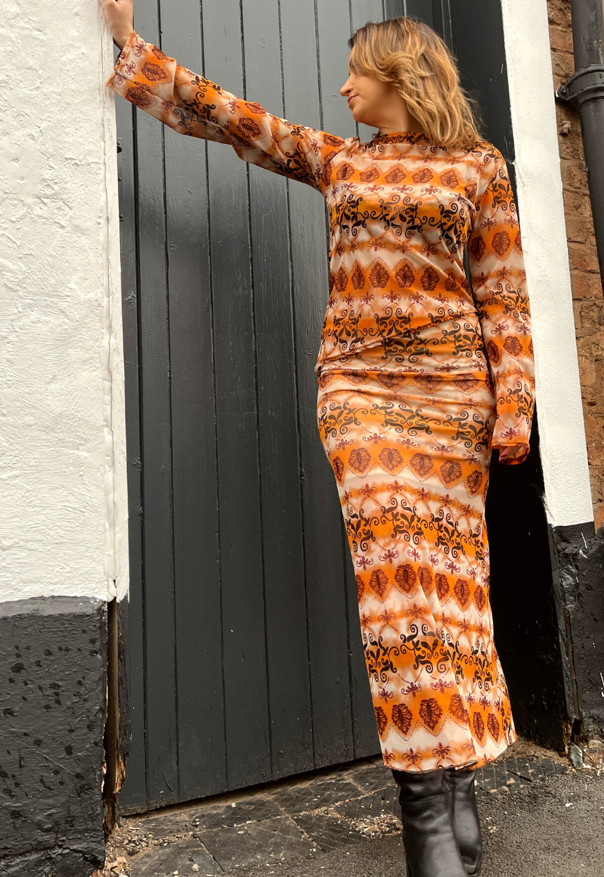 ORANGE GRUNGE SLASH NECK ASYMMETRIC FLARED TOP - 2XS HISSY FIT LTD