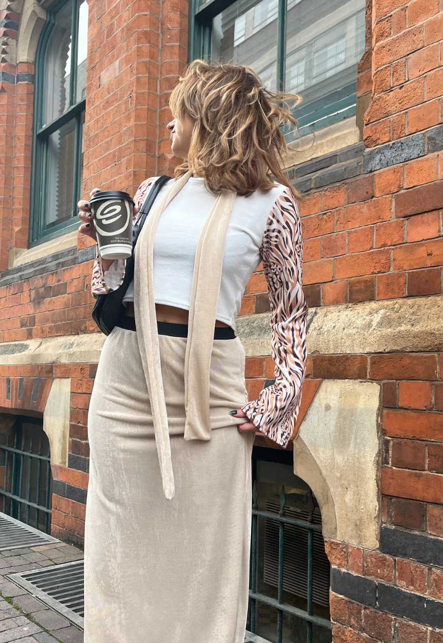 CREAM/HAZELNUT REVERSIBLE MAXI SKIRT - 2XS HISSY FIT LTD