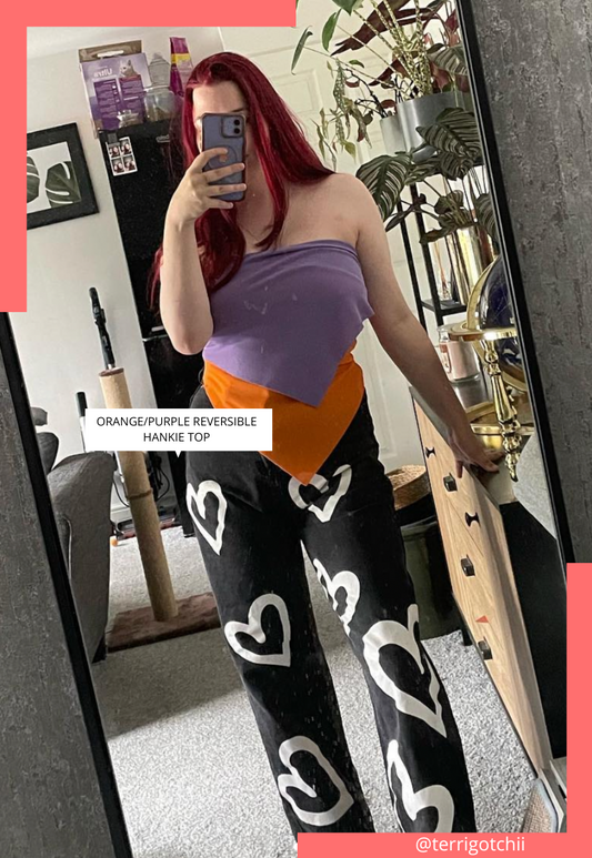 ORANGE/PURPLE GLITTER REVERSIBLE HANKIE TOP - S/M HISSY FIT LTD