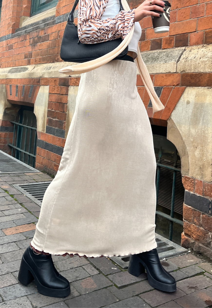 CREAM/HAZELNUT REVERSIBLE MAXI SKIRT - 2XS HISSY FIT LTD