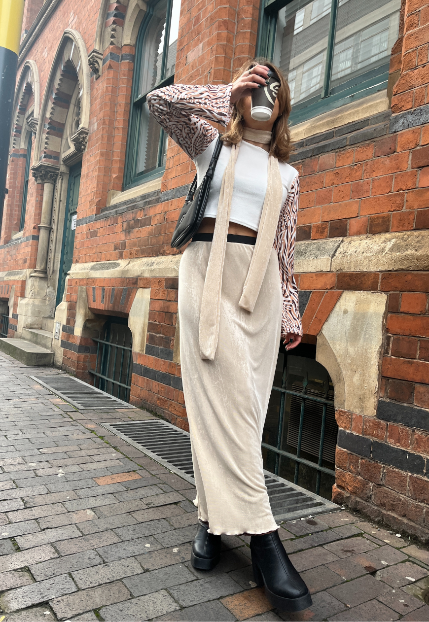 CREAM/HAZELNUT REVERSIBLE MAXI SKIRT - 2XS HISSY FIT LTD