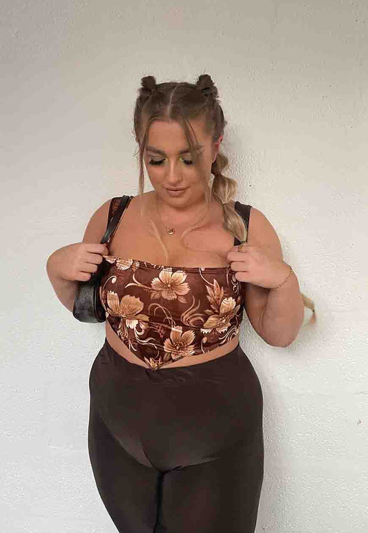 LIGHT BROWN FLOWER 'EVE' TOP - XS HISSY FIT LTD