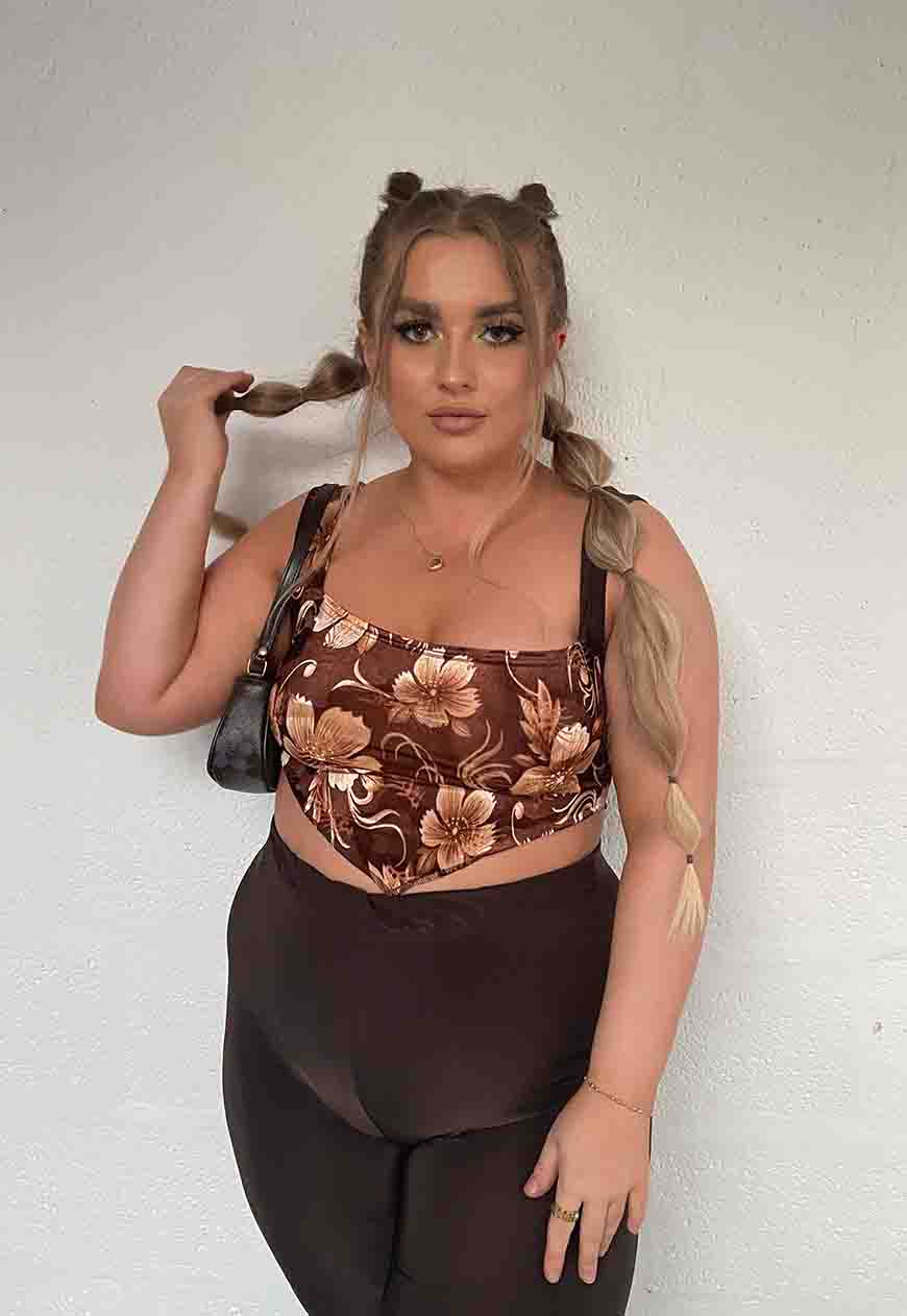 LIGHT BROWN FLOWER 'EVE' TOP - XS HISSY FIT LTD