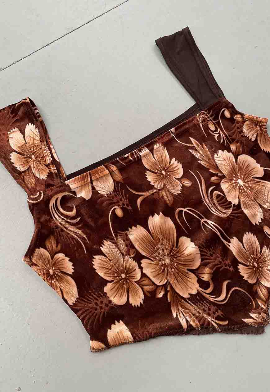 LIGHT BROWN FLOWER 'EVE' TOP - XS HISSY FIT LTD