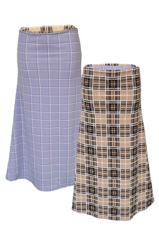 BLUE CHECK/CREAM TARTAN REVERSIBLE MID-RISE SKIRT - 2XS HISSY FIT LTD