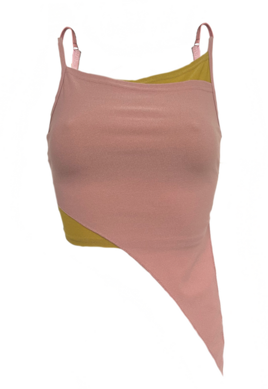 OFFCUTS DUSKY PINK/ MUSTARD ASYMMETRIC TOP (02) - S HISSY FIT LTD