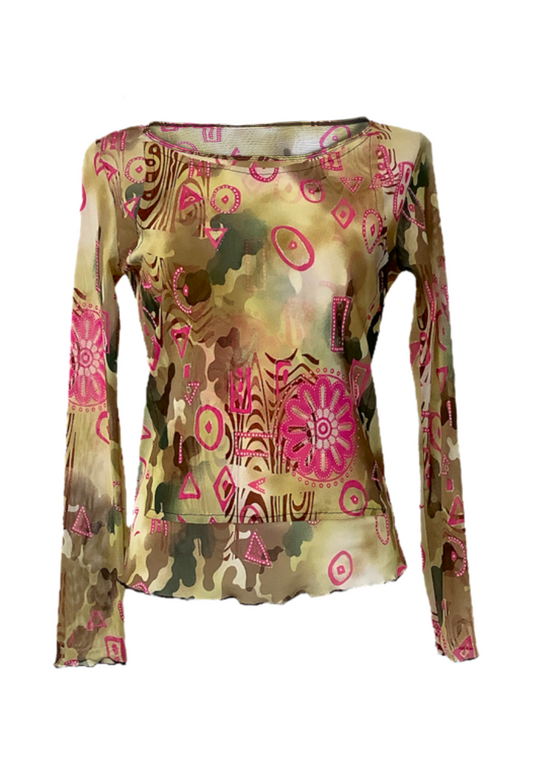 PINK SWIRL MESH SLEEVED TOP - XS HISSY FIT LTD