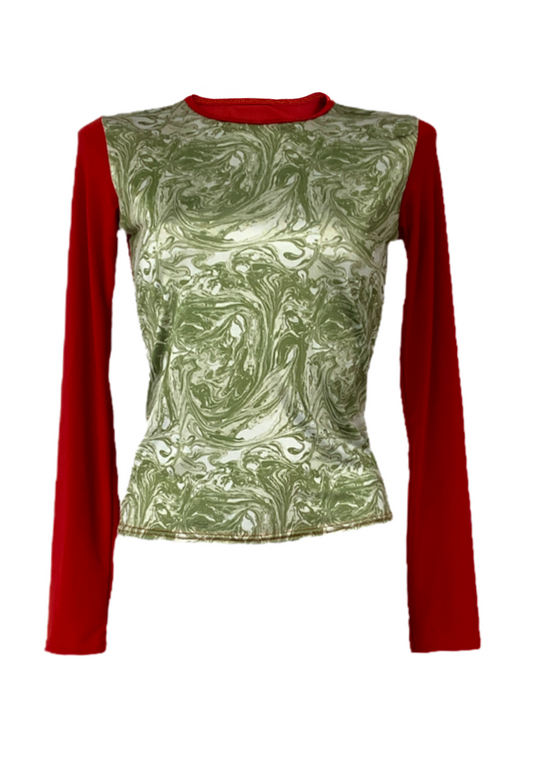 ORANGE/GREEN SWIRL SLEEVED TOP - XL HISSY FIT LTD