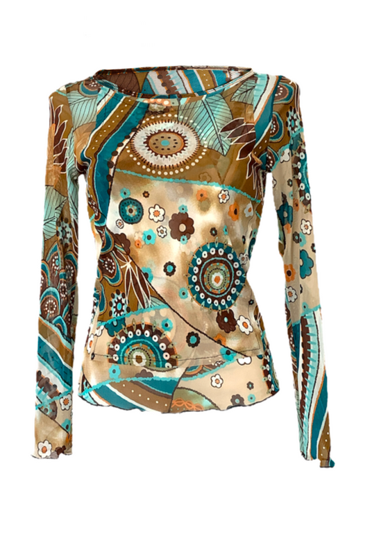 BROWN FLOWER MESH SLEEVED TOP - XS HISSY FIT LTD