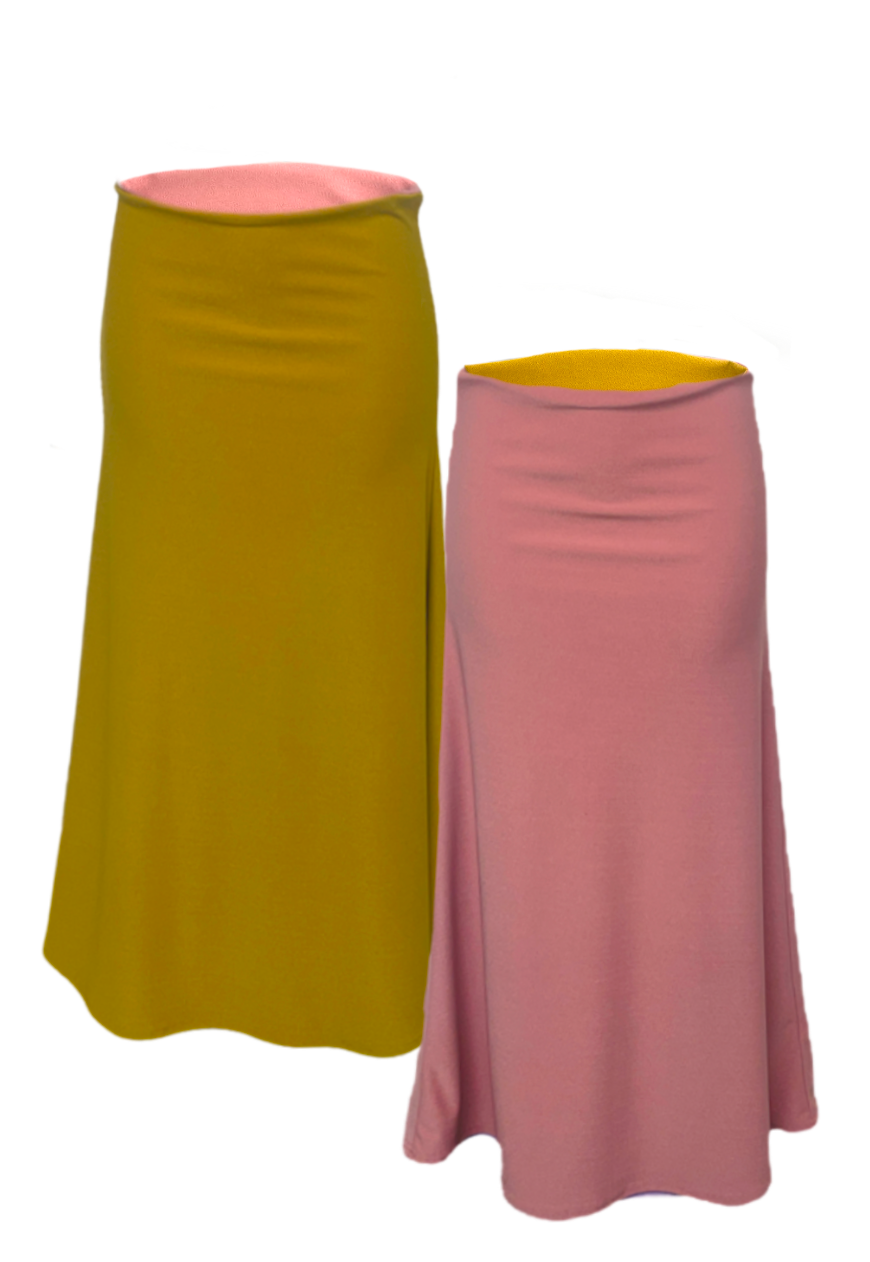 DUSKY PINK MUSTARD REVERSIBLE MID RISE MAXI SKIRT HISSY FIT LTD