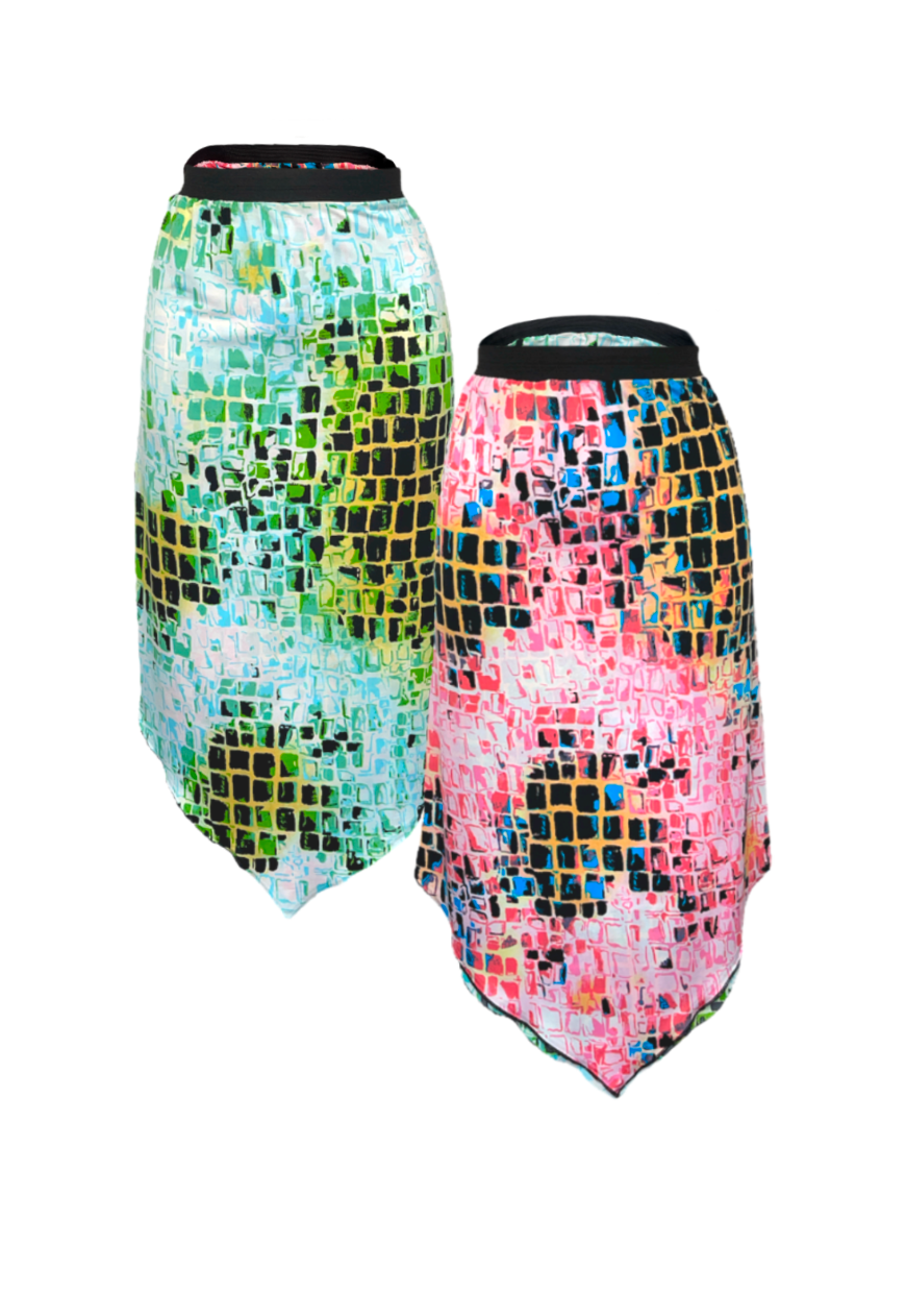 GREEN/PINK TILE REVERSIBLE POINTED HEM SKIRT - 2XS HISSY FIT LTD