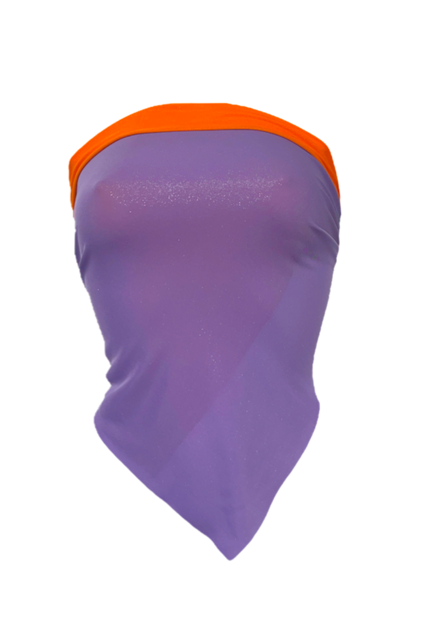 ORANGE/PURPLE GLITTER REVERSIBLE HANKIE TOP - S/M HISSY FIT LTD