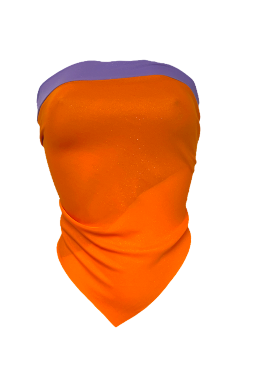 ORANGE/PURPLE GLITTER REVERSIBLE HANKIE TOP - S/M HISSY FIT LTD