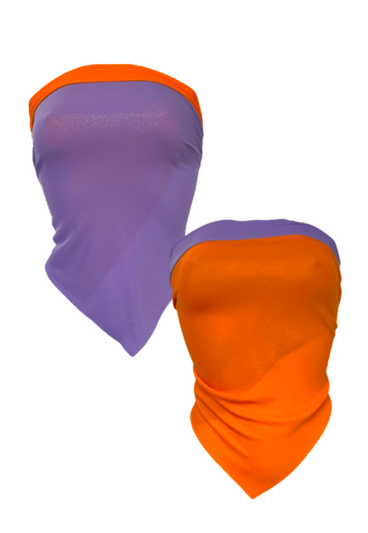ORANGE/PURPLE GLITTER REVERSIBLE HANKIE TOP - S/M HISSY FIT LTD