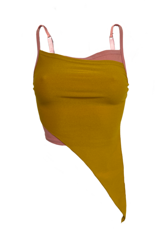 OFFCUTS DUSKY PINK/ MUSTARD ASYMMETRIC TOP (01) - S HISSY FIT LTD