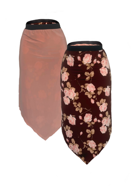 PINK/ BROWN ROSE REVERSIBLE POINTED HEM SKIRT - HISSY FIT LTD