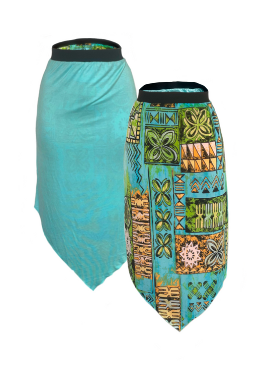 BLUE MOSAIC/ AQUA REVERSIBLE POINTED HEM SKIRT - 2XS HISSY FIT LTD