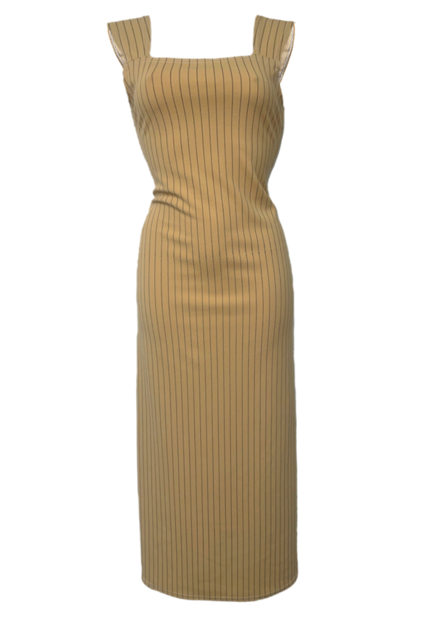 CARAMEL PINSTRIPE SPLIT LONG DRESS - HISSY FIT LTD