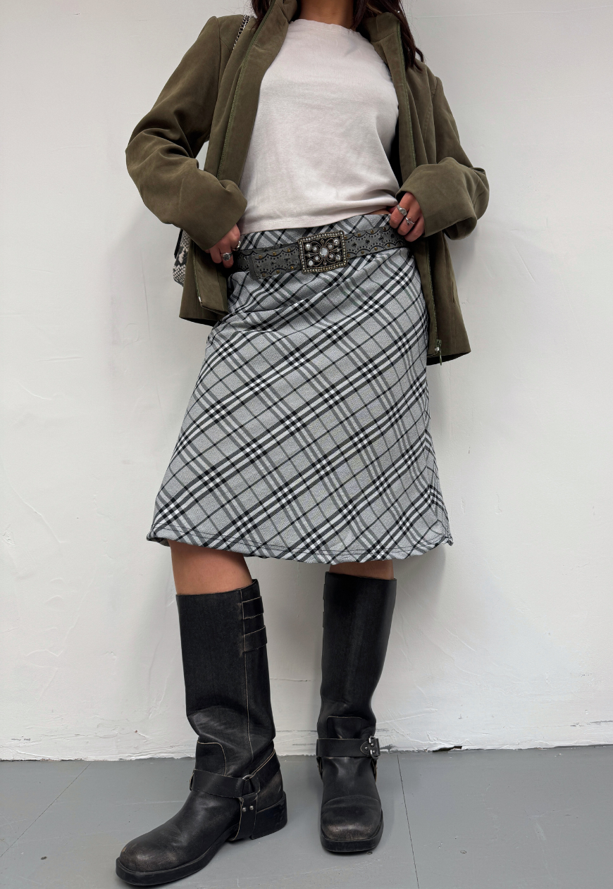 grey check midi skirt