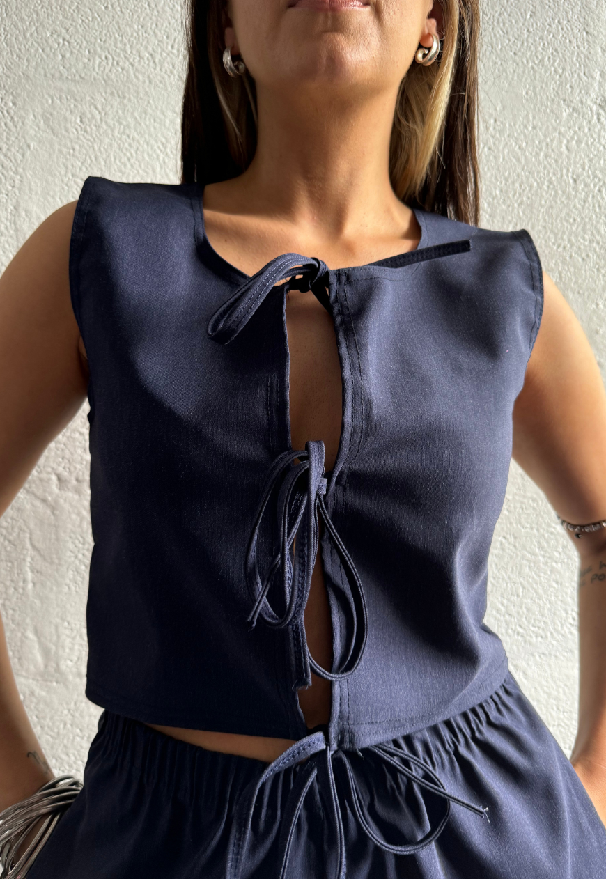 INDIGO BENGALINE TIE TOP