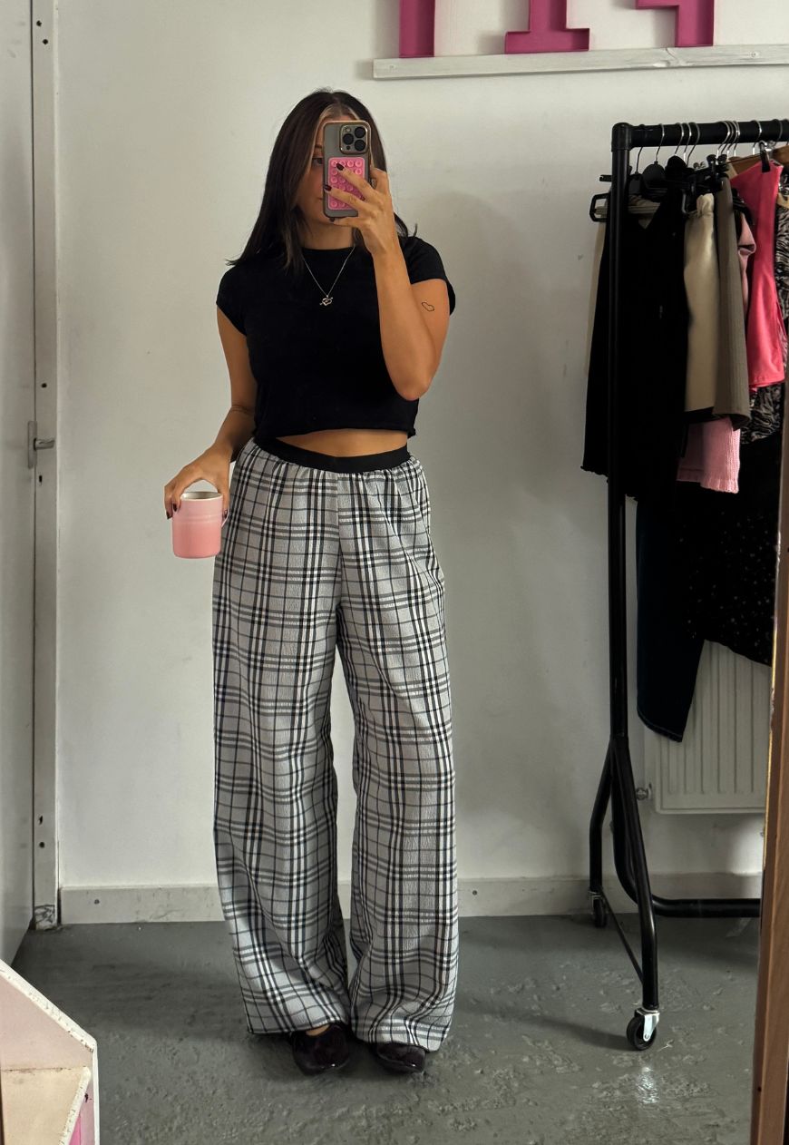 check reversible straight leg trouser
