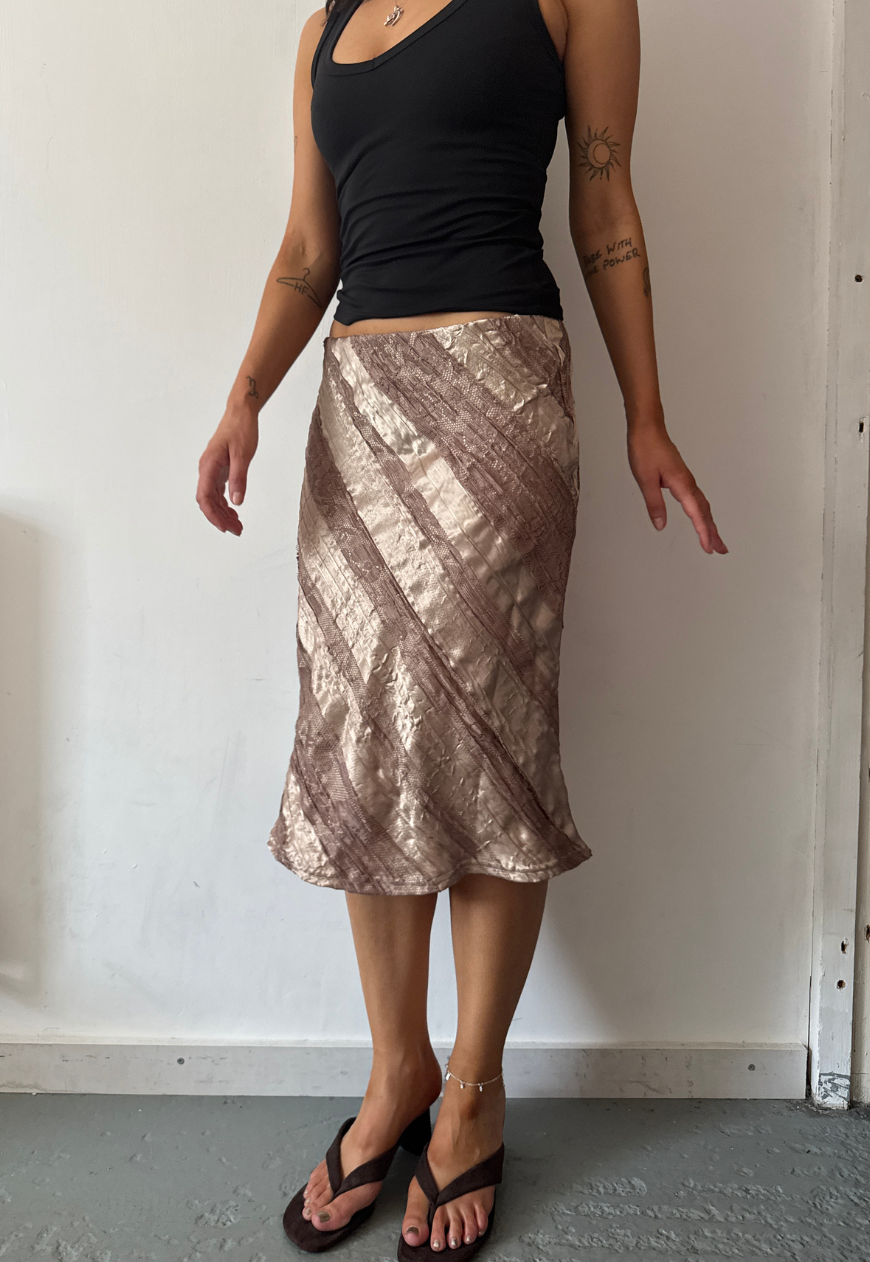 gold satin & lace midi skirt