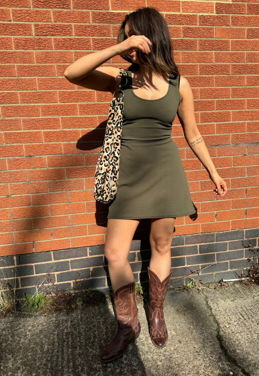 MULTIWAY OLIVE CINCH MINI DRESS